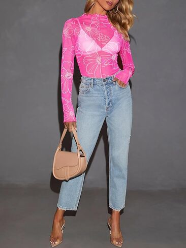 Women Floral Top Mock Neck Ruffle Blouses Fitted Sexy Going Out Concert Outfits Fashion 2025 in Kuwait