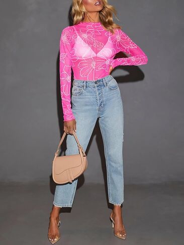 Women Floral Top Mock Neck Ruffle Blouses Fitted Sexy Going Out Concert Outfits Fashion 2025 in Kuwait