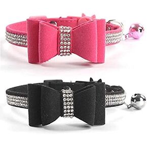 CHUKCHI 2 Pack Cat Collar Bling Diamond Breakaway with Cute Bow Tie and Bell for Kitty and Some Puppies, Adjustable from 7.8-10.5 Inch