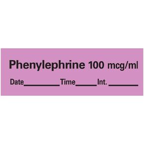 AN-81D100 "Phenylephrine 100 Mcg/mL" Removable Anesthesia Tape with Date, Time and Initial, 1" Core, 1/2" Width, 500" Length, Violet