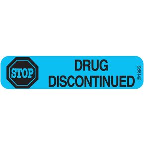 1-396 "Drug Discontinued" Permanent Paper Label, 1 9/16" x 3/8", Blue, Pack of 1000