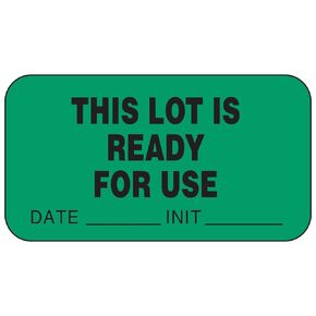 59704160 Paper Label, Green Label with Black Text, "This Lot is Ready for Use With Date and Initial", 1.625" Width x 0.875" Length (Roll of 1000)