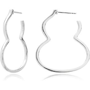 Rhodium Plated Sterling Silver Thin Hoops | Wulu/Gourd/Calabash/Cucurbit Shape Lightweight Big Hoop Earrings for Women