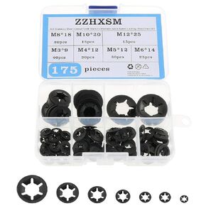 175PCS Black 304 Stainless Steel Internal Tooth Starlock Washers Quick Speed Locking Washers Push On Speed Clips Fasteners Assortment Kit