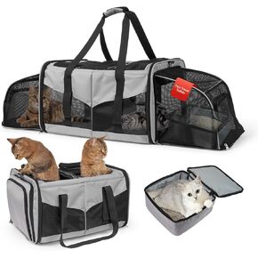 Cat Travel Carrier with Litter Boxes for 2 Cats, Double-Compartment Soft Pet Carrier, Expandable Portable Cat Carrier for Car Travel, up to 35 lb Road Trip, Camping, Hiking, Grey