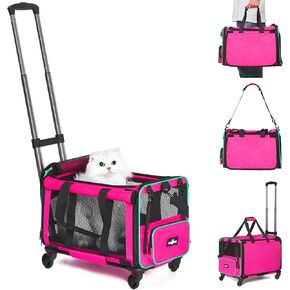 Airline Approved Pet Carrier with Wheels, Foldable Rolling Cat Dog Carrier with Wheels Telescopic Handle for Outdoor Vet Visits, Cat Carrier Travel Bag for Cat Dog Under 20 lbs, Pink in Kuwait