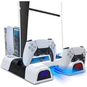 PS5 Slim Cooling Station, RGB PS5 Charging Dock with Cooling Fan and Controller Charger, for PS5 Slim Console Disc/Digital, Include 10 Slots for Game Storage, RGB Light and 2-in-1 Charging Cable