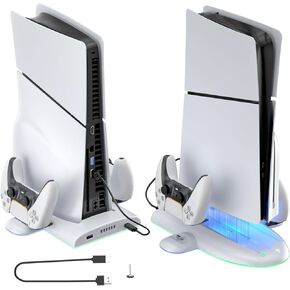 حامل PS5 رفيع، محطة شحن PS5 رفيعة مع مروحة تبريد، محطة شحن وحدة تحكم مزدوجة مع ضوء RGB لـ DualSense/Edge، حامل تبريد لجهاز PS5 Slim الرقمي/القرص (ليس لجهاز PS5 الأصلي) in Kuwait