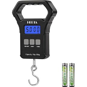 HEETA Fish Scale, 110lb/50kg Digital Portable Hanging Fishing Weight Scale with Backlit LCD Display, Luggage Scale with Hook & Non-Slip Large ABS Handle, 2 AAA Batteries Included, Fishing Gift for Men