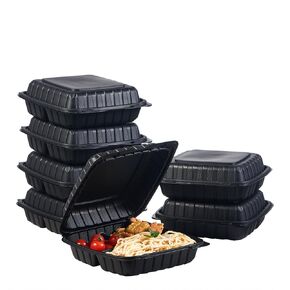 8X8" 3-Compartment 50-Pack Plastic Clamshell Takeout Food Trays Heavy Duty Togo Disposable Box For Pasta Salad Sandwich Carryout Meal Prep Packaging Catering Hinged Containers With Secure Snap Lid