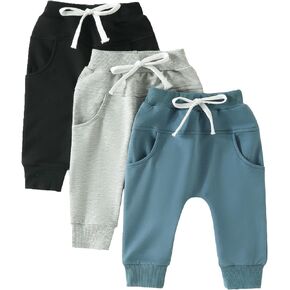 Toddler Baby Boys Pants 3 Pack Solid Color Fall Spring Sweatpants Baby Jogger Pants Khaki Brown Grey