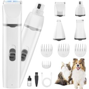Dogs Hair Clippers Grooming Kit with Nail Grinder, 4-in-1 Electric pet Clippers for Dogs, Low Noise USB Rechargeable Cordless for Dogs Cat, Grooming Paws, Eyes, Ears, Face, Matted Hair