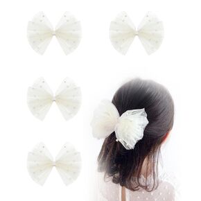 4PCS Ivory Tulle Hair Bows for Toddler Girls Cute Pearls Hair Clips Sweet Flower Girl Hair Accessories for First Communion Party Daily Wearing
