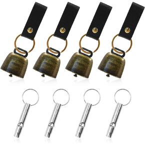 4Pcs Loud Bear Bells with Whistles and PU Leather Keychains, Bear Bells for Hiking and Loud Whistles, Cow Bells, Dog Bells
