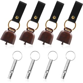 4Pcs Loud Bear Bells with Whistles and PU Leather Keychains, Bear Bells for Hiking and Loud Whistles, Cow Bells, Dog Bells