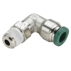 Parker W169PLP-4-1 Prestolok PLP تركيب فوري للدفع للتوصيل، من أنبوب إلى أنبوب، نحاس مطلي بالنيكل، دفع للتوصيل وأنبوب ذكر دوار للكوع 90 درجة، 1/4 بوصة و1/16 بوصة