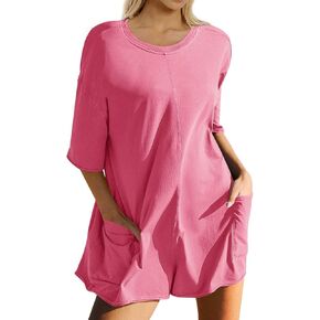 Ugerlov ثوب فضفاض نسائي غير رسمي نصف كم قصير جمبسوت رياضي برقبة سكوب وزرة هوت شوت تي رومبير مع جيوب in Kuwait