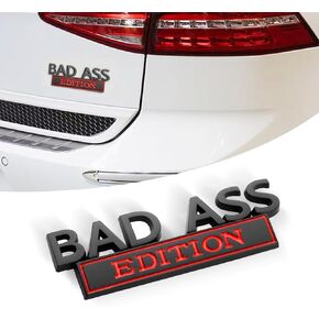 1 PC Car Fender Badge Decal, 3.93" x 1.33" "Bad Ass Edition" Zinc Alloy Three-Dimensional Tailgate Front Grille Hood Decal, Retrofit Decorative Replacement, for Most Car Models (Black & Red)