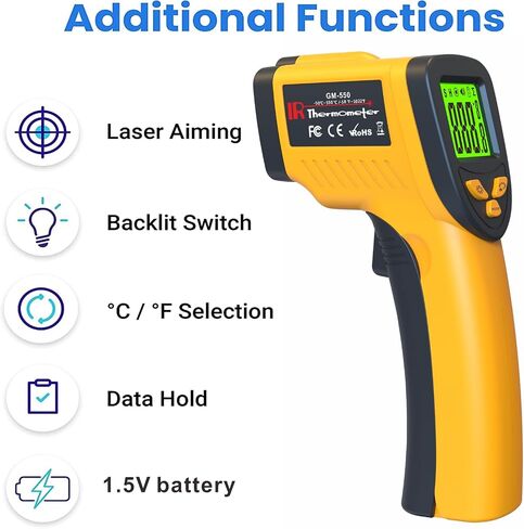 Infrared Laser Thermometer, Digital Infrared Laser Thermometer Gun with Adjustable Emissivity, IR Thermometer Temperature Gun for Cooking, Pizza Oven & Engine, -58℉～1022℉(-50℃～550℃) in Saudi Arabia
