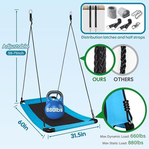 700lb Giant 60" Saucer Tree Swing Flying for Kids and Adults, Anti-Fade Tree Swing Set with 2pcs Hanging Straps and Adjustable Ropes, Outdoor Indoor Swings in Kuwait