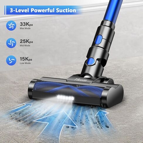 مكنسة كهربائية لاسلكية Tikom V700 مع شفط قوي 450 وات 33 كيلو باسكال، وقت تشغيل يصل إلى 50 دقيقة، كوب غبار سعة 1.3 لتر، مكنسة كهربائية 6 في 1 جيدة للسجاد وشعر الحيوانات الأليفة والأرضيات الصلبة، أزرق in Kuwait