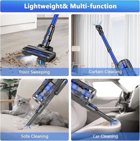 مكنسة كهربائية لاسلكية Tikom V700 مع شفط قوي 450 وات 33 كيلو باسكال، وقت تشغيل يصل إلى 50 دقيقة، كوب غبار سعة 1.3 لتر، مكنسة كهربائية 6 في 1 جيدة للسجاد وشعر الحيوانات الأليفة والأرضيات الصلبة، أزرق in Kuwait