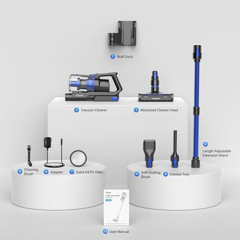 مكنسة كهربائية لاسلكية Tikom V700 مع شفط قوي 450 وات 33 كيلو باسكال، وقت تشغيل يصل إلى 50 دقيقة، كوب غبار سعة 1.3 لتر، مكنسة كهربائية 6 في 1 جيدة للسجاد وشعر الحيوانات الأليفة والأرضيات الصلبة، أزرق in Kuwait