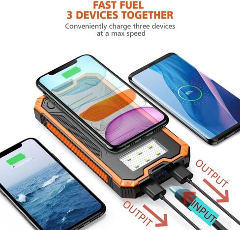 شاحن الطاقة الشمسية، شاحن لاسلكي محمول بقدرة 20,000 مللي أمبير في الساعة مع مدخل/مخرج USB C للهواتف المحمولة، حزمة بطارية خارجية مع مصباح يدوي مزدوج للتخييم in Kuwait