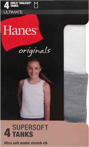 مجموعة تانك Hanes Girl's Originals، تانك توب فائق النعومة للفتيات، تانك مشروط مضلع قابل للتمدد، 4 عبوات in Saudi Arabia