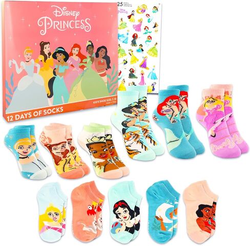 Disney Princess 12 Days of Socks Set - Bundle with 12 Pairs of Disney Princess Socks for Girls Size 7-10 Plus Disney Princess Stickers | Disney Sock Gift Box Set in Saudi Arabia