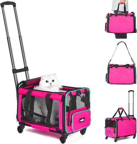 Airline Approved Pet Carrier with Wheels, Foldable Rolling Cat Dog Carrier with Wheels Telescopic Handle for Outdoor Vet Visits, Cat Carrier Travel Bag for Cat Dog Under 20 lbs, Pink in Kuwait
