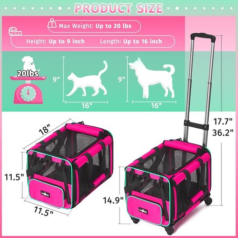 Airline Approved Pet Carrier with Wheels, Foldable Rolling Cat Dog Carrier with Wheels Telescopic Handle for Outdoor Vet Visits, Cat Carrier Travel Bag for Cat Dog Under 20 lbs, Pink in Kuwait