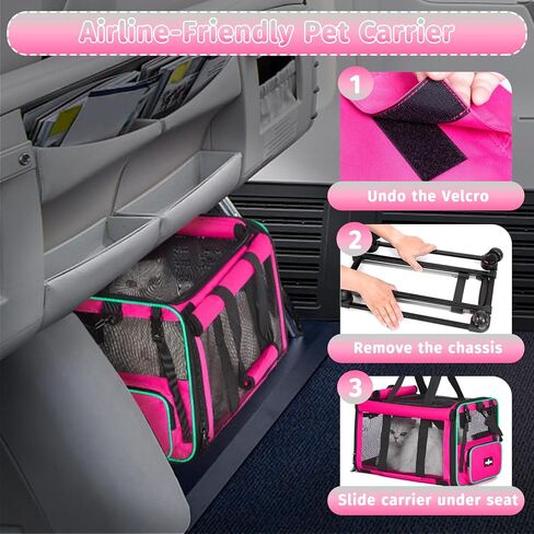 Airline Approved Pet Carrier with Wheels, Foldable Rolling Cat Dog Carrier with Wheels Telescopic Handle for Outdoor Vet Visits, Cat Carrier Travel Bag for Cat Dog Under 20 lbs, Pink in Kuwait