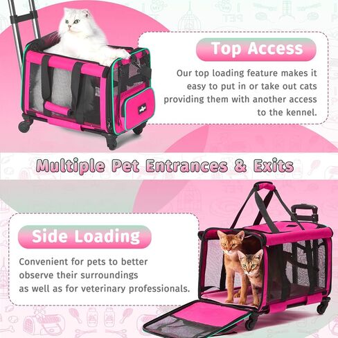 Airline Approved Pet Carrier with Wheels, Foldable Rolling Cat Dog Carrier with Wheels Telescopic Handle for Outdoor Vet Visits, Cat Carrier Travel Bag for Cat Dog Under 20 lbs, Pink in Kuwait
