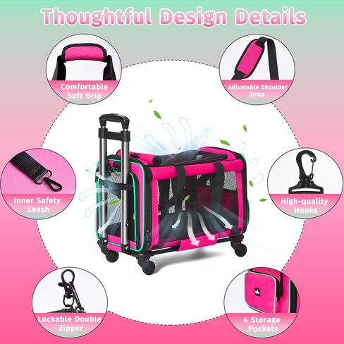 Airline Approved Pet Carrier with Wheels, Foldable Rolling Cat Dog Carrier with Wheels Telescopic Handle for Outdoor Vet Visits, Cat Carrier Travel Bag for Cat Dog Under 20 lbs, Pink in Kuwait