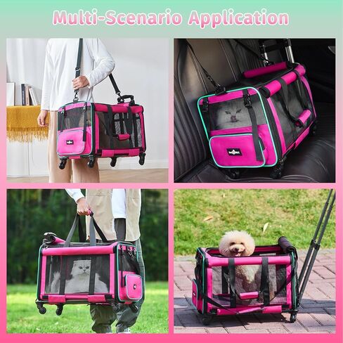 Airline Approved Pet Carrier with Wheels, Foldable Rolling Cat Dog Carrier with Wheels Telescopic Handle for Outdoor Vet Visits, Cat Carrier Travel Bag for Cat Dog Under 20 lbs, Pink in Kuwait