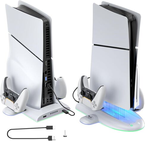 حامل PS5 رفيع، محطة شحن PS5 رفيعة مع مروحة تبريد، محطة شحن وحدة تحكم مزدوجة مع ضوء RGB لـ DualSense/Edge، حامل تبريد لجهاز PS5 Slim الرقمي/القرص (ليس لجهاز PS5 الأصلي) in Kuwait