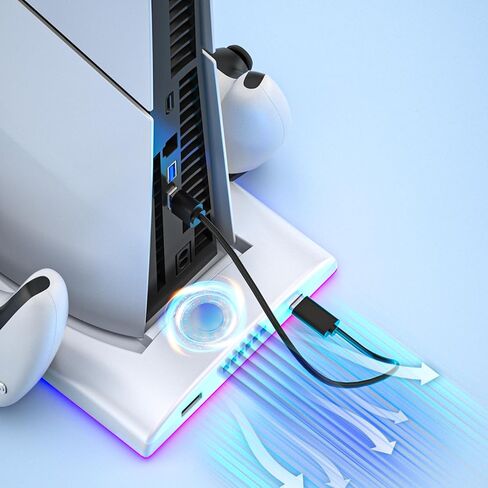 حامل PS5 رفيع، محطة شحن PS5 رفيعة مع مروحة تبريد، محطة شحن وحدة تحكم مزدوجة مع ضوء RGB لـ DualSense/Edge، حامل تبريد لجهاز PS5 Slim الرقمي/القرص (ليس لجهاز PS5 الأصلي) in Kuwait