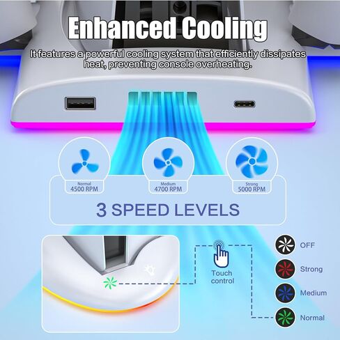 حامل PS5 رفيع، محطة شحن PS5 رفيعة مع مروحة تبريد، محطة شحن وحدة تحكم مزدوجة مع ضوء RGB لـ DualSense/Edge، حامل تبريد لجهاز PS5 Slim الرقمي/القرص (ليس لجهاز PS5 الأصلي) in Kuwait