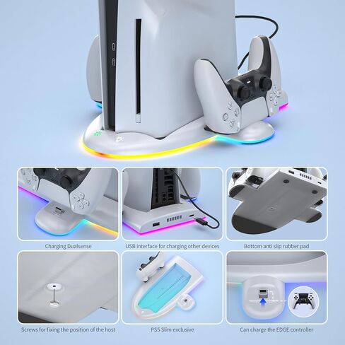 حامل PS5 رفيع، محطة شحن PS5 رفيعة مع مروحة تبريد، محطة شحن وحدة تحكم مزدوجة مع ضوء RGB لـ DualSense/Edge، حامل تبريد لجهاز PS5 Slim الرقمي/القرص (ليس لجهاز PS5 الأصلي) in Kuwait