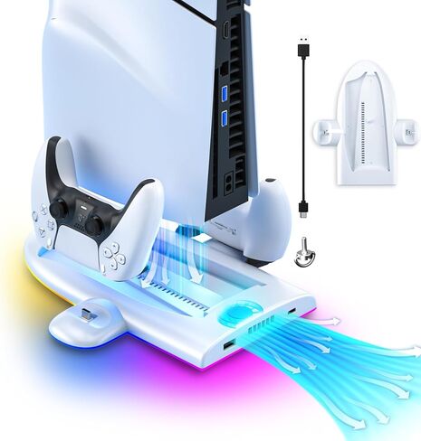 حامل PS5 رفيع، محطة شحن PS5 رفيعة مع مروحة تبريد، محطة شحن وحدة تحكم مزدوجة مع ضوء RGB لـ DualSense/Edge، حامل تبريد لجهاز PS5 Slim الرقمي/القرص (ليس لجهاز PS5 الأصلي) in Kuwait