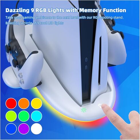حامل PS5 رفيع، محطة شحن PS5 رفيعة مع مروحة تبريد، محطة شحن وحدة تحكم مزدوجة مع ضوء RGB لـ DualSense/Edge، حامل تبريد لجهاز PS5 Slim الرقمي/القرص (ليس لجهاز PS5 الأصلي) in Kuwait