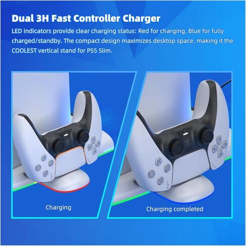 حامل PS5 رفيع، محطة شحن PS5 رفيعة مع مروحة تبريد، محطة شحن وحدة تحكم مزدوجة مع ضوء RGB لـ DualSense/Edge، حامل تبريد لجهاز PS5 Slim الرقمي/القرص (ليس لجهاز PS5 الأصلي) in Kuwait