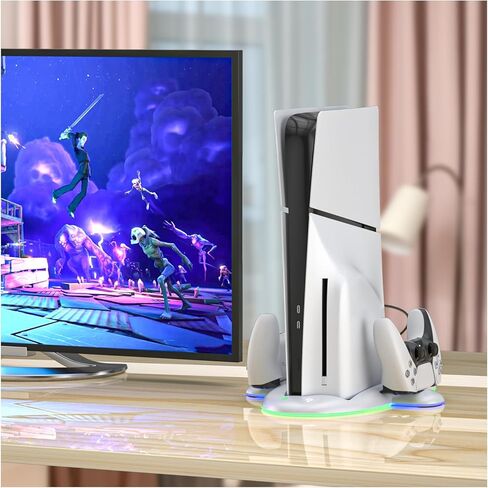 حامل PS5 رفيع، محطة شحن PS5 رفيعة مع مروحة تبريد، محطة شحن وحدة تحكم مزدوجة مع ضوء RGB لـ DualSense/Edge، حامل تبريد لجهاز PS5 Slim الرقمي/القرص (ليس لجهاز PS5 الأصلي) in Kuwait