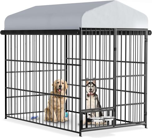 Large Dog Kennel Outdoor with Roof, Heavy Duty Outside Dog Kennel, Outdoor Kennel with Rotating Dog Feeding Bowls, Covered Dog Kennel Outside for Small Medium Large Dogs, 6.6'L x 3.9'W x 5.9'H in Kuwait