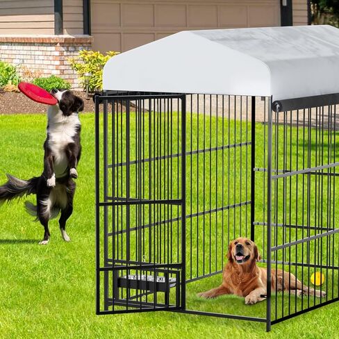 Large Dog Kennel Outdoor with Roof, Heavy Duty Outside Dog Kennel, Outdoor Kennel with Rotating Dog Feeding Bowls, Covered Dog Kennel Outside for Small Medium Large Dogs, 6.6'L x 3.9'W x 5.9'H in Kuwait
