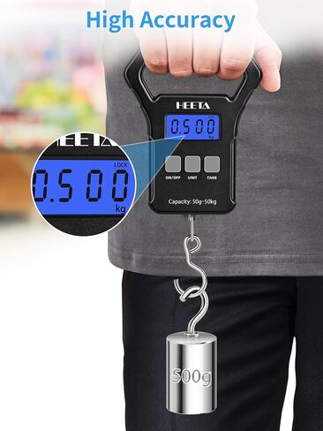 مقياس سمك هيتا، 110 رطل/50 كجم، مقياس وزن الصيد الرقمي المحمول المعلق مع شاشة LCD بإضاءة خلفية، مقياس الأمتعة مع خطاف ومقبض ABS كبير غير قابل للانزلاق، بطاريتان AAA متضمنتان، هدية صيد للرجال in Kuwait