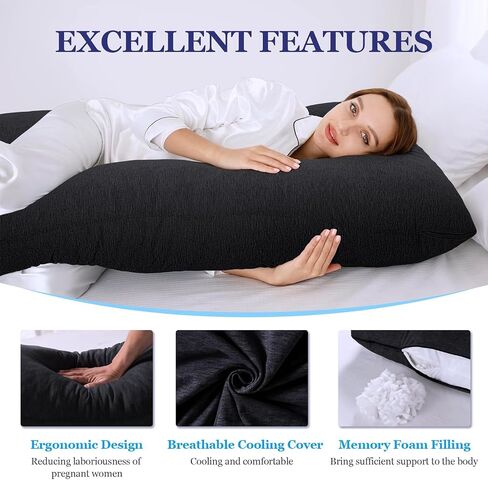 EDUJIN Memory Foam Pregnancy Pillows for Sleeping - Cooling Cotton Cover - U-Shape Full Body Maternity Pillow,Body Pillows for Adults,Pregnancy Pillow for Women,Pregnancy Must Haves(Black) in Saudi Arabia