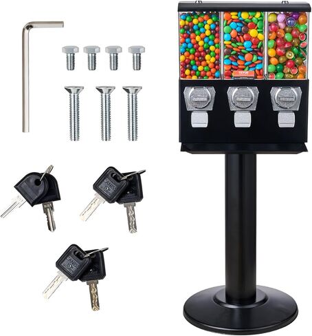 آلة بيع تجارية VEVOR، موزع حلوى ثلاثي المقصورة مع حامل حديد، آلة حلوى العلكة والحلوى للأعمال التجارية، بنك Gumball يعمل بقطع النقود المعدنية لكبسولات الألعاب، كرات نطاطة، حلوى الجوز، أسود in Kuwait
