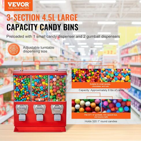 آلة بيع تجارية VEVOR، موزع حلوى ثلاثي المقصورة مع حامل حديد، آلة حلوى العلكة والحلوى للأعمال التجارية، بنك Gumball يعمل بقطع النقود المعدنية لكبسولات الألعاب، كرات نطاطة، حلوى الجوز، أحمر in Kuwait